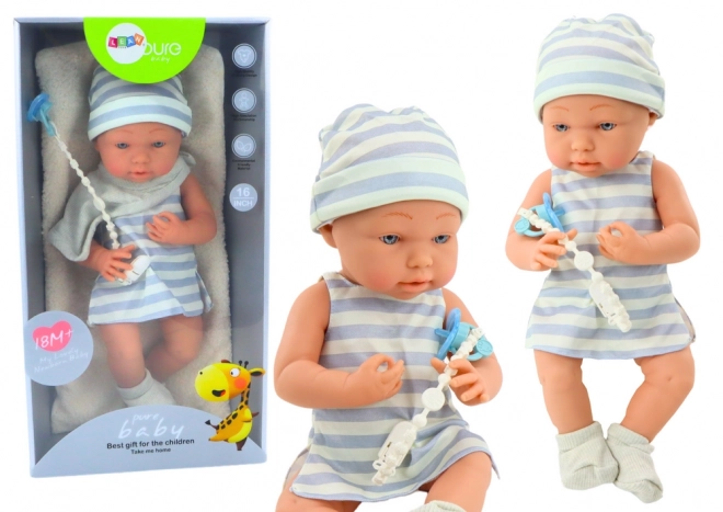 Poupée Bébé en Vêtement Blanc-Bleu avec Bonnet et Tétine