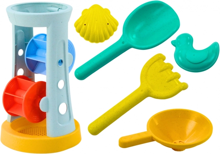 ensemble de jouets de sable avec moulin, pelle, râteau et moules