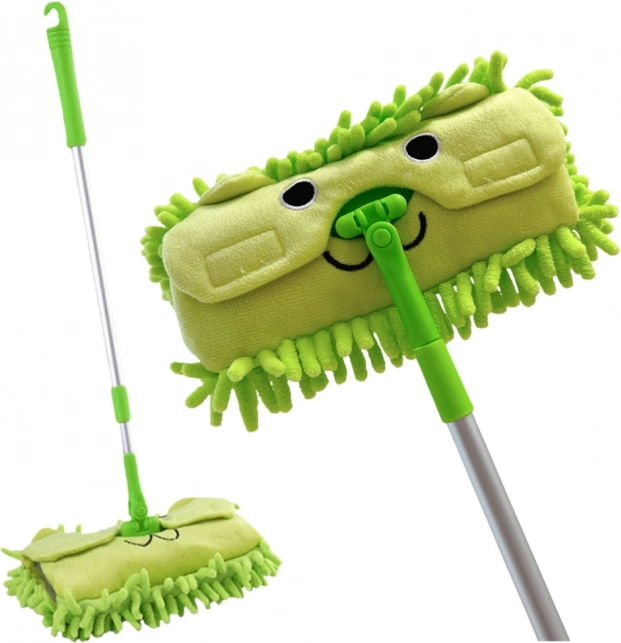 Serpillière pour enfants avec manche télescopique vert et motif animal