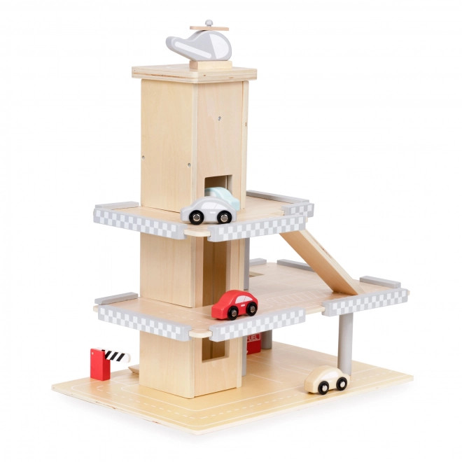ECOTOYS Grande garage en bois avec ascenseur et petites voitures