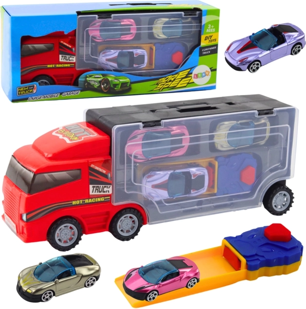 Camion rouge avec garage mobile et lanceur + 3 petites voitures