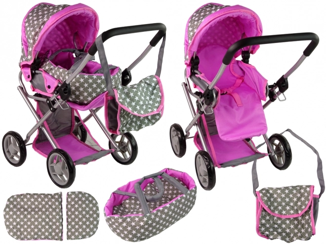 Poussette pour poupées rose et grise avec petites étoiles