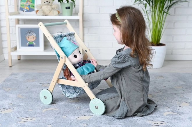 Poussette légère en bois pour poupées - menthe