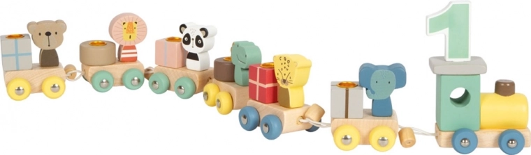 Small Foot train d’anniversaire en bois avec animaux et chiffres