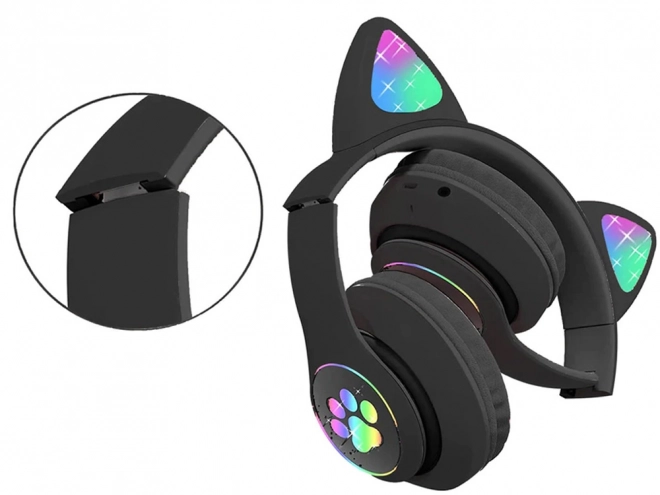 Casque sans fil bluetooth radio fm mp3 oreilles de chat éclairage LED – noir