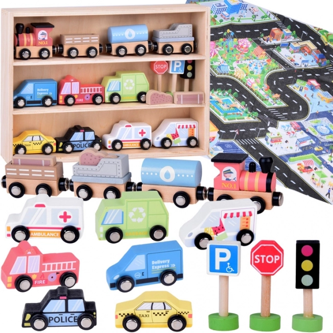 Ensemble de voitures en bois avec panneaux de signalisation et tapis de jeu