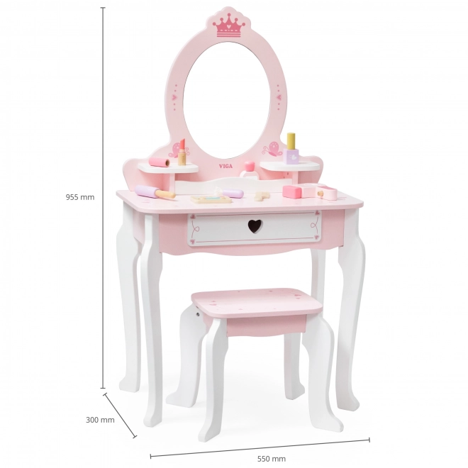 Coiffeuse et tabouret en bois Viga blanc et rose avec miroir