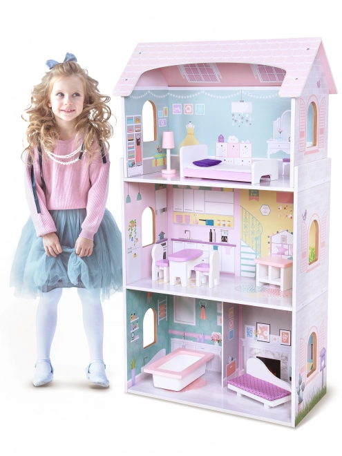 ECOTOYS Maison de poupées à trois étages Fraise