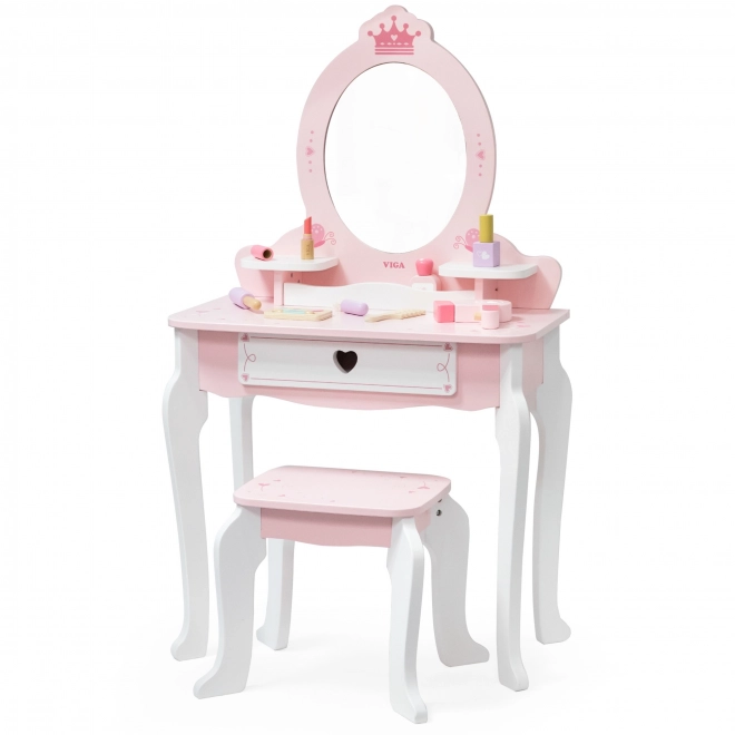 Coiffeuse et tabouret en bois Viga blanc et rose avec miroir