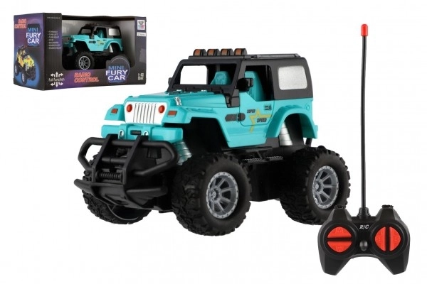 Voiture RC tout-terrain 14cm plastique 27MHz à piles avec lumière en boîte 20x11x10cm – Turquoise