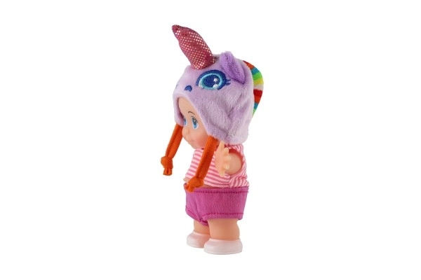 Poupée/bébé avec bonnet, plastique corps rigide 15cm, 4 types dans boîte 9x16x6cm