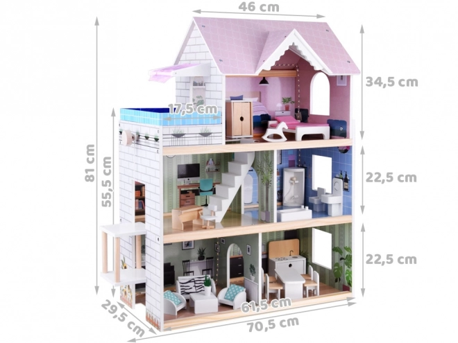 Maison de poupées en bois avec piscine et éclairage LED