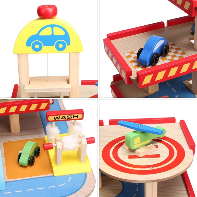 ECOTOYS Garage en bois à étages avec ascenseur, héliport et autres accessoires