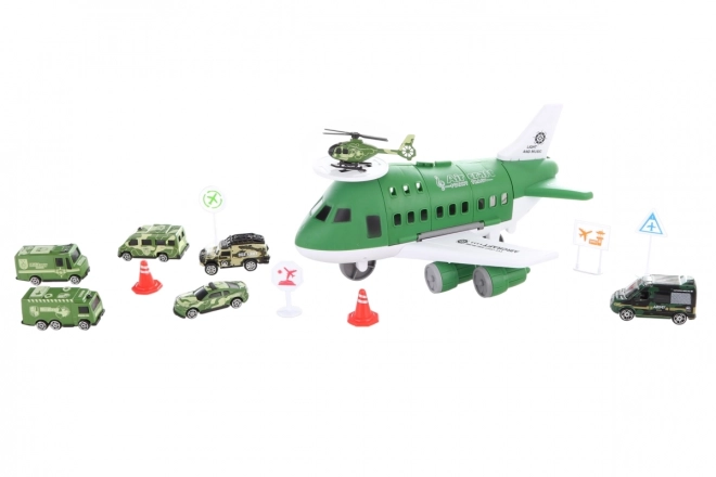 Avion avec garage pliable et petites voitures militaires