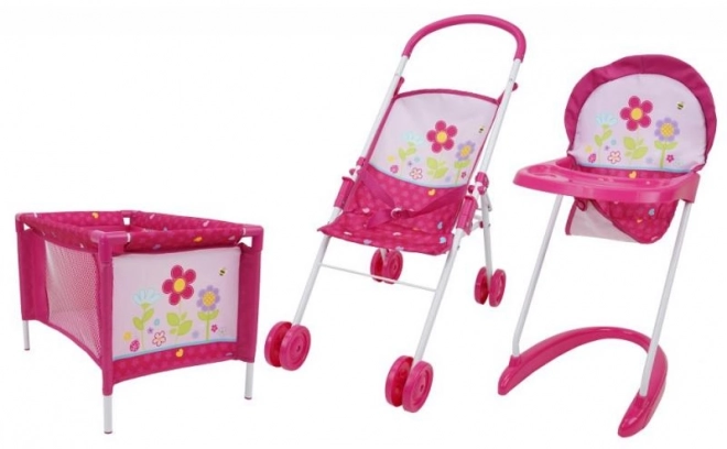 Ensemble de jeu 3 pièces, poussette, chaise et lit - Fleurs