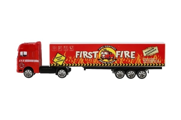 Camion avec remorque métal/plastique 20cm à mouvement libre assortiment de types en boîte plastique 20x5x3cm