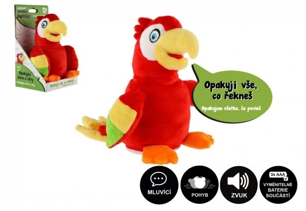 Perroquet Jaroušek répétant des phrases peluche 16 cm à piles avec son dans une boîte 12x20x10 cm dans un sac