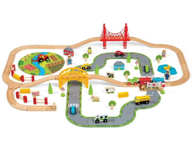 Bigjigs Rail Circuit en bois avec route de campagne 80 pièces