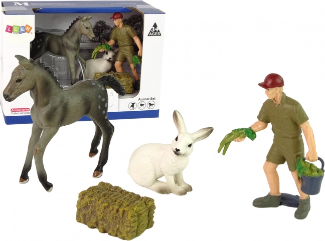 Ensemble de figurines de ferme – cheval gris, lièvre et fermier