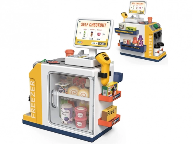 Magasin libre-service avec machine à café et réfrigérateur