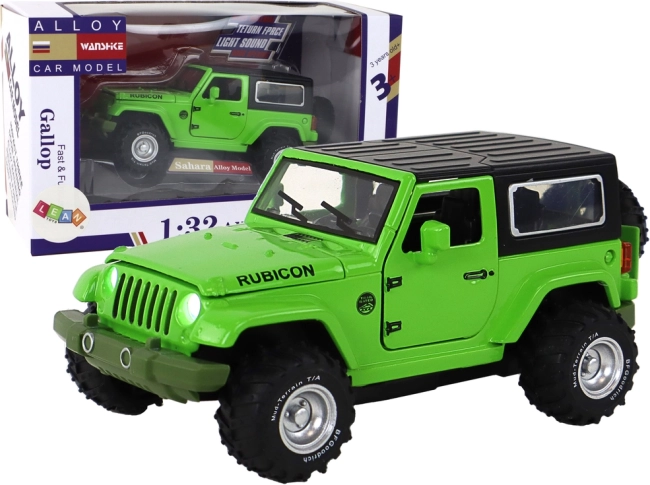 Voiture tout-terrain en métal 1:32 à inertie, lumières et sons – verte