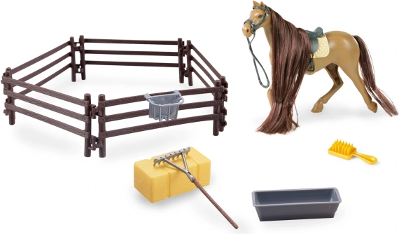 Cheval brun avec accessoires et enclos 14 cm