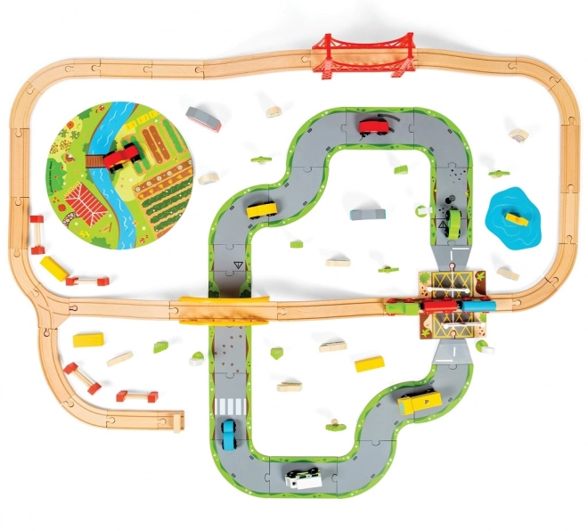 Bigjigs Rail Circuit en bois avec route de campagne 80 pièces