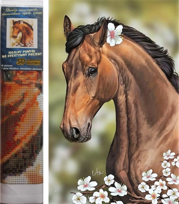 Kit de peinture au diamant - cheval brun avec des fleurs