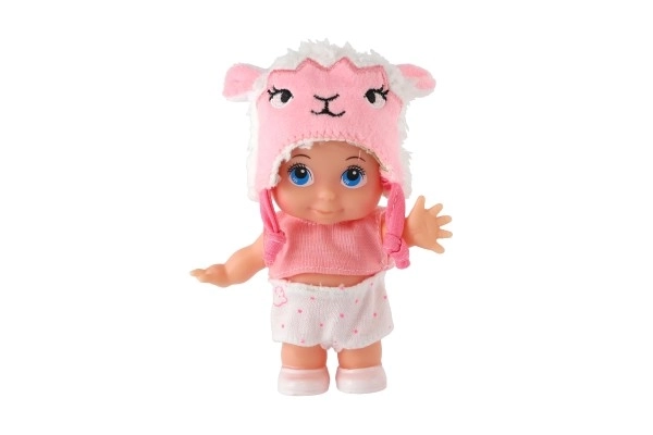 Poupée/bébé avec bonnet, plastique corps rigide 15cm, 4 types dans boîte 9x16x6cm