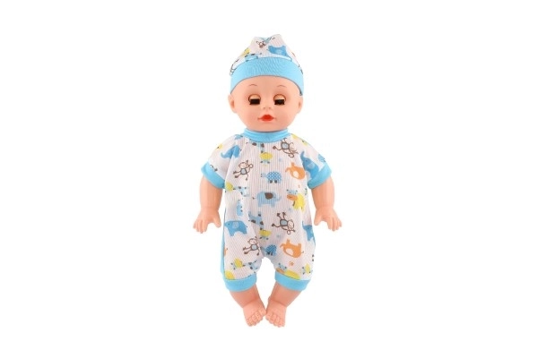 Poupée bébé plastique 32cm corps solide buvant, faisant pipi à piles avec son et accessoires dans un sac