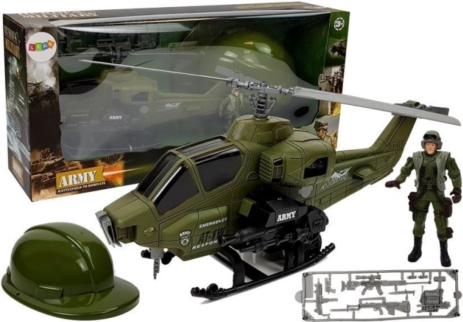 Set militaire avec hélicoptère, casque et soldat