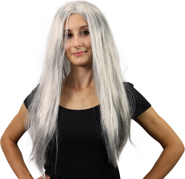 perruque de sorcière argentée aux longs cheveux