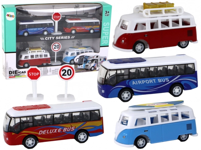 Set de jouets : camping-cars et bus à inertie 1:87, 4 pcs