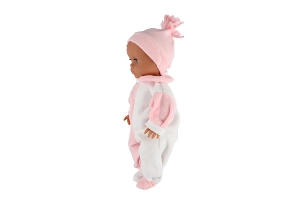 Poupon Hamiro 40cm, corps rigide ensemble blanc et rose + bonnet rose en boîte 20x43x13cm