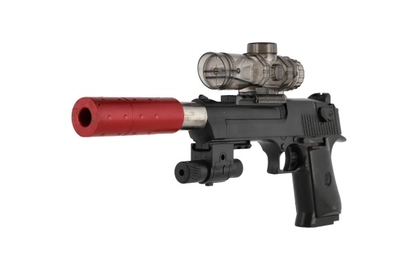 Pistolet plastique/métal 33cm pour billes d'eau + balles 9-11mm à piles avec lumière dans une boîte 34x13x4cm