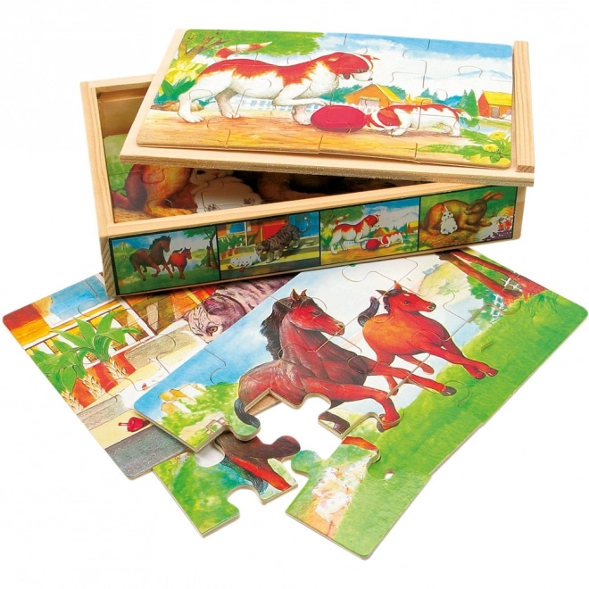 Puzzle en bois d'animaux dans une boîte