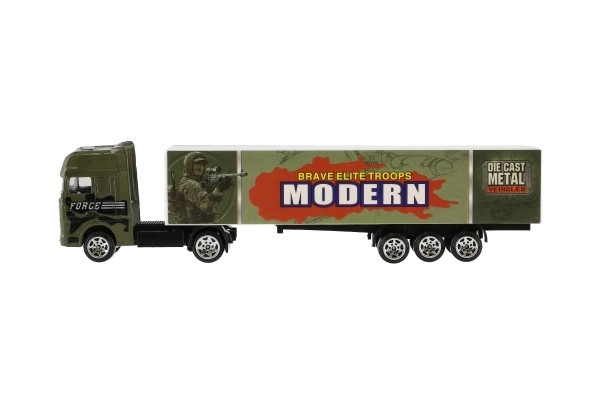 Camion avec remorque métal/plastique 20cm à mouvement libre assortiment de types en boîte plastique 20x5x3cm