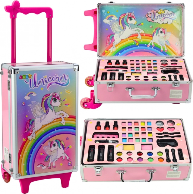 Coffret cosmétique pour enfants dans une valise à roulettes licorne rose
