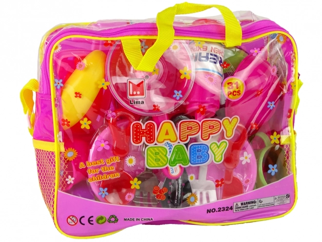 Ensemble de vaisselle rose dans un sac, 31 pièces