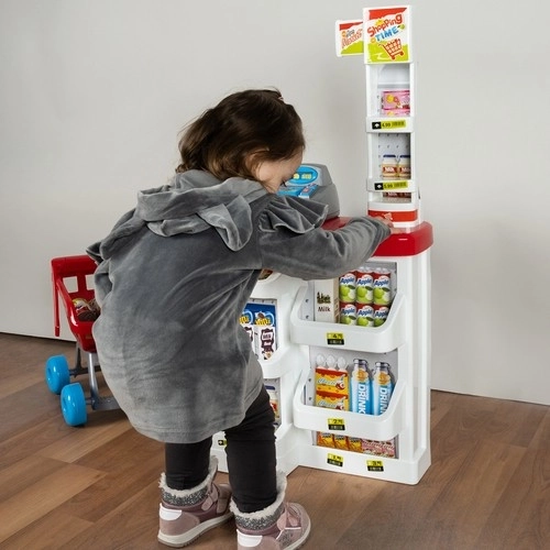 Supermarché avec caisse, panier et accessoires