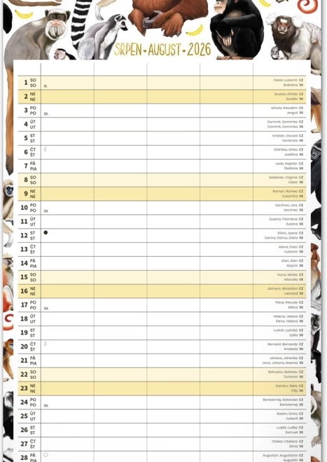 Calendrier mural Planificateur familial 2026 avec illustrations Animalium