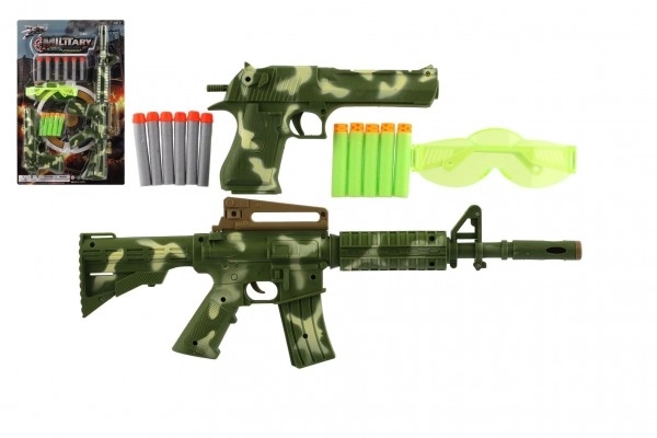 Pistolet/Fusil 2pcs plastique + munitions en mousse 11pcs + lunettes sur carte 30x46x4cm