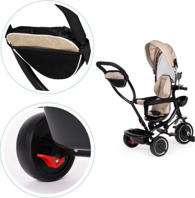 ECOTOYS Tricycle avec toit et tige de guidage beige