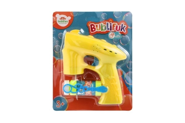 Pistolet à bulles jaune en plastique 13cm + 1 recharge à piles sur carte
