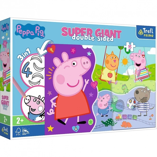 Puzzle 3 en 1 GÉANT recto-verso 15 pièces Peppa Pig 60x40cm en boîte 40x27x6cm 24m+