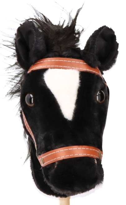 Cheval-bâton Baron, cheval en peluche noir sur bâton avec sons