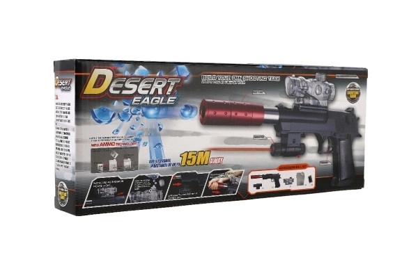 Pistolet plastique/métal 33cm pour billes d'eau + balles 9-11mm à piles avec lumière dans une boîte 34x13x4cm