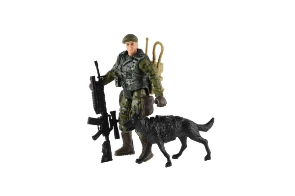 Set de soldats avec chien et accessoires 12 pièces en plastique dans un sachet 17x20x3cm