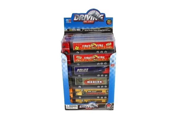 Camion avec remorque métal/plastique 20cm à mouvement libre assortiment de types en boîte plastique 20x5x3cm