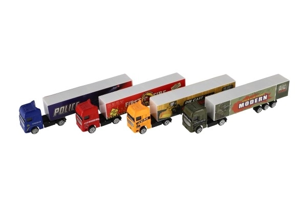 Camion avec remorque métal/plastique 20cm à mouvement libre assortiment de types en boîte plastique 20x5x3cm